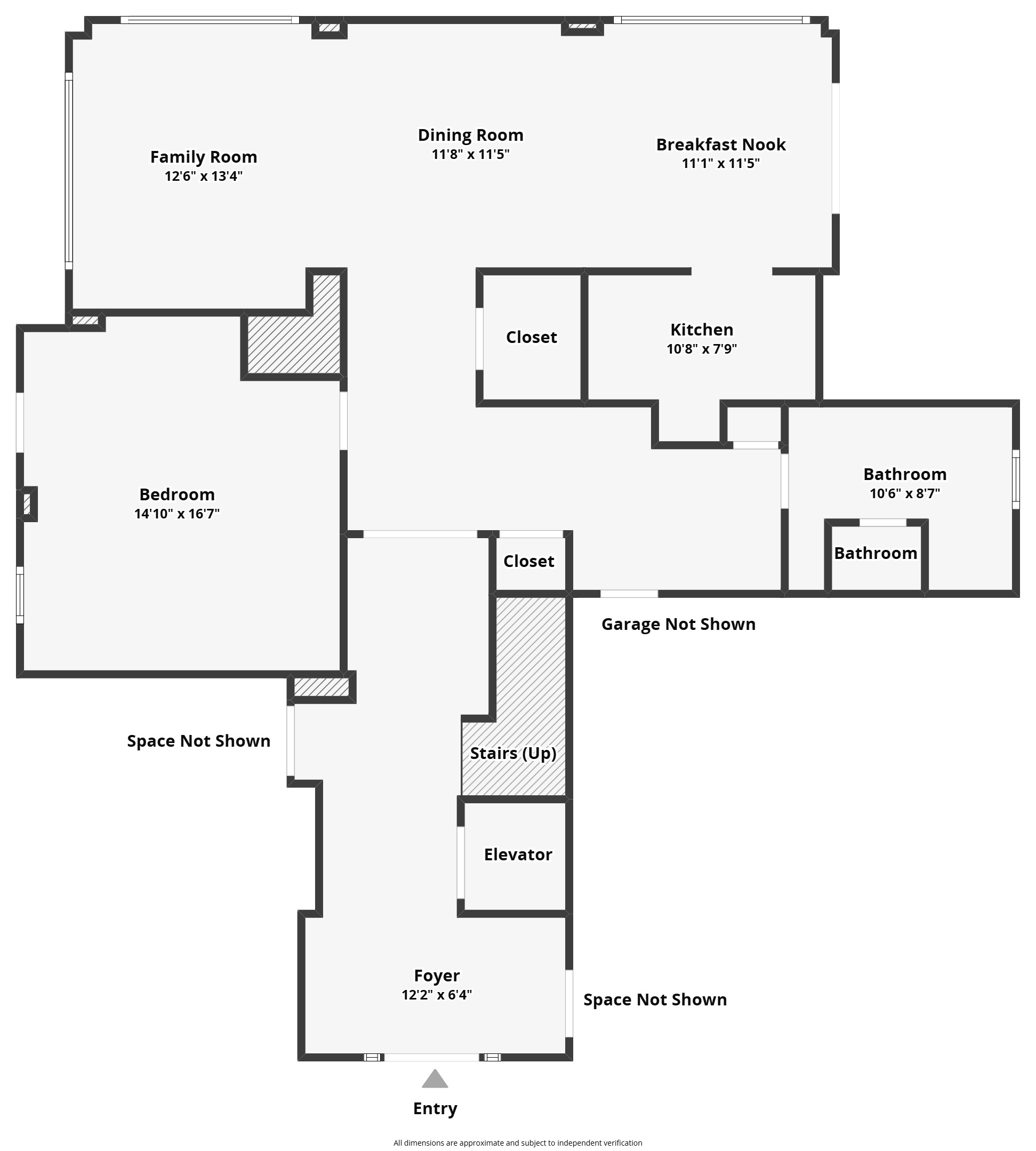 First floor plan showing main living areas, kitchen, dining room, and deck access